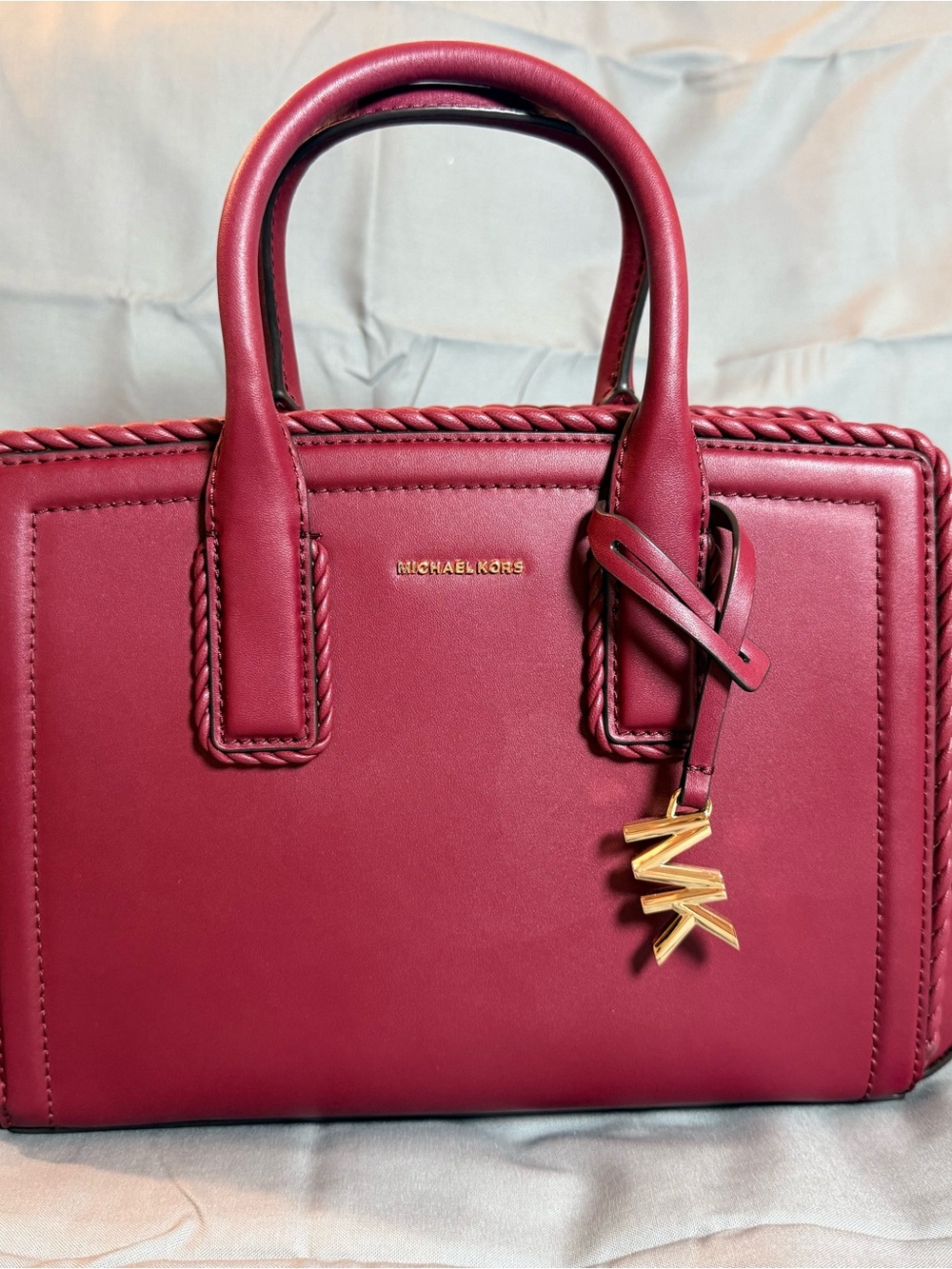 Michael Kors Berry Red Braided-Trim Satchel with Gold MK Charm